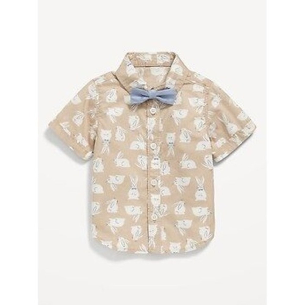 Old‎ Navy Baby Boys Tan Bunny Print Short Sleeve Button Up Shirt Bowtie 0-3M